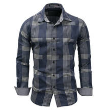 Camisa jeans xadrez masculina de manga longa, camisa 2020 algodão com retalhos para homens, roupas sociais de marca, verão e outono, 100% 2024 - compre barato