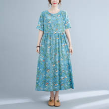 Vestido Midi femenino de lino y algodón suave para verano, traje holgado con estampado Floral, Estilo Vintage, informal 2024 - compra barato