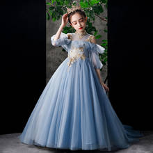 Vestido infantil de fio macio, primavera e outono, vestido de piano de flor para meninas, anfitrião, cauda de caminhada, robe longue 2024 - compre barato