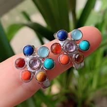 Reiki cura chakra anéis de cristal energia pedra ponto frisado ajustável arco-íris flor quartzo moda feminino dedo anel jóias 2024 - compre barato