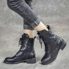 2019 new leather black women's boots British mid-heeled leather warm cotton boots 2024 - buy cheap