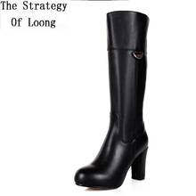 Women Winter Full Grain Leather Thick High Heel Round Toe Fashion Mid Half Boots Plus Size 34-45 SXQ1007 2024 - buy cheap