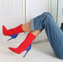 Botas de calcetín con punta estrecha para mujer, botines de tela elástica, zapatos de tacón alto sin cordones, stilettos, Color Rojo 2024 - compra barato