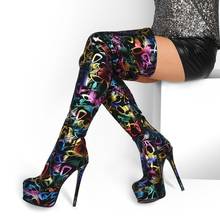 Womens Platform Shiny Printed Match Colors Over The Knee Thigh Boots Stilettos Super High 15cm Heel Leather Shoes Warm Plus Size 2024 - buy cheap