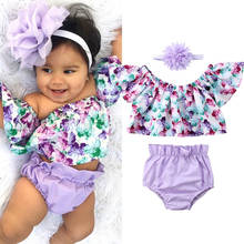 Newborn Baby Girl Clothes Off Shoulder Floral Tops Shorts Headband Outfit Set 2024 - купить недорого