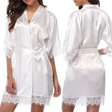 Mulheres curto cetim noiva robe sexy vestido de casamento renda kimono de seda roupão de banho verão dama de honra nightwear 2024 - compre barato