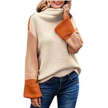 Водолазка пуловер свитер женский цветной блок Повседневный длинный рукав теплый вязаный пуловер топы свободный толстый вязаный свитер джемпер 2024 - купить недорого
