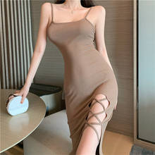 Real Shot 2022 New Sexy Nightclub Slim Bag Hip Split Sling Dress Temperament Waist Bandage Hollow Party Long Dress 2024 - buy cheap