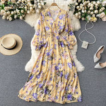 Gagaok Dress for Women 2021 Spring Autumn New V-Neck Puff Sleeve Floral Elegant Long Party Dresses Slim Fashion Wild Vestidos Gagaok Dress for Women 2021 Spring Autumn New V-Neck Puff Sleeve Floral Elegant Long Party Dresses Slim Fashion Wild Vestidos
