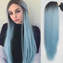 AZQUEEN-pelucas sintéticas largas y rectas para mujer, cabellera de Cosplay, ombré color azul, resistentes al calor, parte media 2024 - compra barato