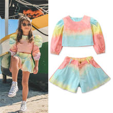 1-6Y Kids Baby Girls Clothes Set 2021 Summer Fall Children Tie-Dye Print Puff Sleeve Crop Tops + Wide Leg Shorts Fashion Outfits 2024 - buy cheap