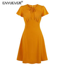 Enyuever vestido feminino elegante laranja, roupas de verão, bowknot, cintura alta, manga curta, vestido de festa casual para escritório, vestidos femininos 2024 - compre barato