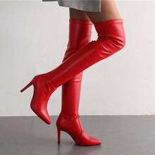 Сапоги женские эластичные замшевые, ботфорты на шпильке, заостренный носок, высокий каблук, пикантная обувь, красные, черные 2024 - купить недорого