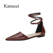 Kanseet Shoes For Women 2021 Summer Elegant Pointed Toe Genuine Leather Buckle Brown Women's Sandals Comfort Low Heels Sandals 2024 - buy cheap