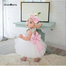 Silver sequins with pink bow sash tulle short baby girl 1 year birthday dress keyhole back tutu flower girl dresses 2024 - buy cheap