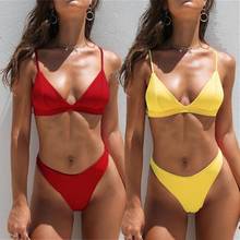 Conjunto de Bikini triangular para mujer, traje de baño liso, ropa de playa, cintura baja, Rojo 2024 - compra barato