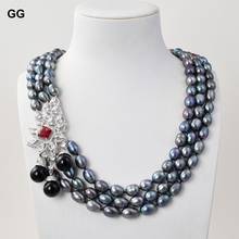 GG Jewelry 22" 3 Strands Black Rice Pearl Necklace Sea Shell Pearl CZ Pendant 2024 - buy cheap