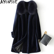 Ayunsue real ovelha shearling casaco de pele inverno jaqueta feminina gola de pele de raposa 100% lã casaco feminino coreano longo colthes meus 2024 - compre barato