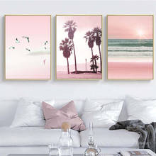 Rosa paisagem oceana ondulada seagull e coco nut tree poster estilo nórdico pinturas em tela pop arte de parede imagem decoração de casa 2024 - compre barato