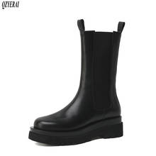 Bota feminina de couro legítimo preto e branco, calçado feminino espesso quente outono inverno 2024 - compre barato