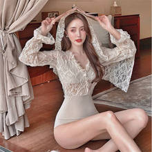 Korea One Piece Swimsuit 2020 Long Sleeve Deep V Backless Lace Swimwear Women Bodysuits Vintage Retro Bathing Suits Beach Wear 2024 - buy cheap