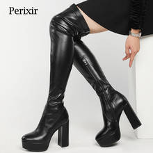 Perixir-Botas por encima de la rodilla con plataforma y cremallera lateral para mujer, zapatos cálidos de ante con punta redonda y Tacón cuadrado, calzado de Pu, invierno, 2021 2024 - compra barato