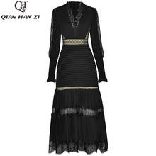 Qian Han Zi 2021 весна/лето дизайнерское модное кружевное платье для женщин с длинным рукавом V-образным вырезом Плиссированное Ретро облегающее платье средней длины 2024 - купить недорого