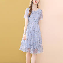 2020 Summer Fashion Womens Blue Lace Floral Short Sleeve Pleated Dress , Woman Female Slim High Waisted Korean Dresses 2024 - buy cheap