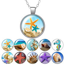 Summer seaside Starfish Conch seahorse Round Pendant Necklace 25mm Glass Cabochon Silver plated Jewelry Women Birthday Gift 50cm 2024 - buy cheap