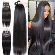 30 дюймов прямые пряди с закрытием 5x5 HD прозрачные перуанские 3 4 пряди человеческих волос с 4 × 4 закрытием Remy волосы для наращивания 2024 - купить недорого