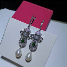 Woman natural white freshwater pearl micro inlay green zircon accessories drop earrings long 7cm luxury 2024 - buy cheap