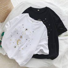Camiseta con estampado de Luna y estrella para mujer, remera Kawaii coreana, camisetas divertidas de manga corta harajuku, Top holgado Ulzzang negro 2024 - compra barato