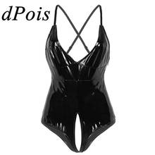 Women Sexy Lingerie Open Crotch One Piece Wet Look Patent Leather Plunging V-neck Spaghetti Straps Leotard Teddy Bodysuit 2024 - compre barato