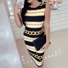 Elegant Women Pencil Dress O-Neck Sleeveless Striped Print Midi Dress Summer Bodycon Hip Dress Slim Party Tight Dress Lady Dress 2024 - buy cheap