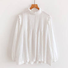 Blusa feminina de manga comprida, camisa feminina branca folgada com pregas ornamentais em madeira 2024 - compre barato