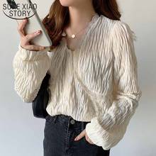 V-neck Sweet Lace Stitching Chic Pleated Tops Solid Color Blouse Women Elegant Button Up Long Sleeve Ladies Shirt  Blusas 12641 2024 - buy cheap