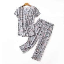 2021 Summer Female Casual Cartoon Pajama sets Ladies 100% Cotton Sleepwear suit Women Round collar t shirt & Calf-Length Pants 2024 - buy cheap