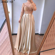 Dubai Mulim Gold A-line Long Satin  Crystal Beading Evening Dresses 2021 Gowns For Woman  Formal Dress =Serene Hill LA70550 2024 - buy cheap