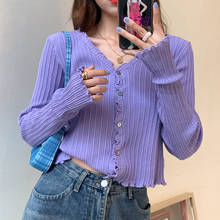 Women V-Neck Knitted Casual Ruched Short Sweaters Cardigans Lady Knitting Soft Thin Summer Cardigan Outwear for Female 2024 - buy cheap