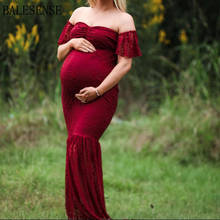 Vestido de maternidad elegante para sesión de fotos, maxivestido de maternidad con hombros descubiertos, encaje de sirena para sesión de fotos del embarazo y Baby Shower 2024 - compra barato