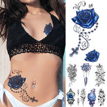 Tatuagem adesiva temporária, arte corporal de braço, flor de rosa azul, peônia e flash, para homens e mulheres 2024 - compre barato