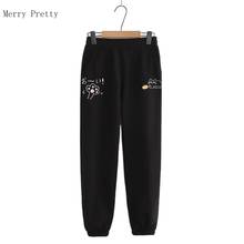 Calça feminina de algodão bordada preta, desenho animado, gato, coreana, cintura alta elástica, casual, verão 2021 2024 - compre barato