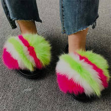 Real chinelos de pele de raposa feminino colorido peludo slides sandálias de luxo senhoras fluffy flip flops sapatos bonitos da menina tamanho grande 2024 - compre barato