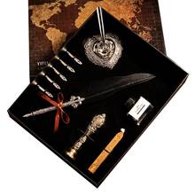 Vintage Quill Feather Dip Pen Fountain Writing Ink 5 Nibs Heart Holder Gift Box 2024 - buy cheap