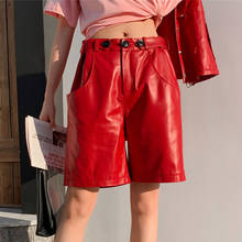 2020 New Women Real Knee Length Pants Fashion Loose Streetwear Ladies Red Black Lambskin Genuine Leather Short Trousers 2024 - buy cheap