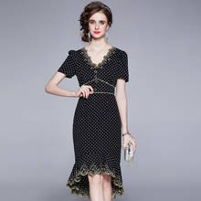 JSXDHK 2021 New Runway Summer Mermaid Dress Fashion Women's Polka Dot Print Ruffles Vintage Trim Lace Embroidery Bodycon Dresses 2024 - buy cheap