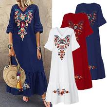 Women Summer Vintage V Neck Short Sleeve Floral Print Large Hem Long Loose Dress 2024 - buy cheap