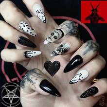 24Pcs/Set Punk Ghost Halloween Long Stiletto False Nails Wearable Black Fake Nails Full Cover Artificial Nail Tips Manicure Tool