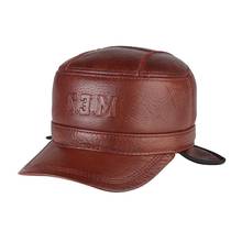 H3514 Men Leather Visor Hat Autumn Winter Middle-aged Elderly Male Cowhide Cap Coldproof Warm Earmuffs High Quality Fashion Caps 2024 - buy cheap