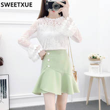 Sweetxue 2021 primavera terno moda bonito laço queimado mangas camisa de cintura alta plissado saia conjunto de duas peças roupas estilo preppy senhora 2024 - compre barato